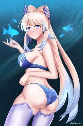 Rule 34 | 1girl, absurdres, ass, bare shoulders, bikini, blue eyes, blue hair, blush, breasts, brettles, fish, from behind, genshin impact, gradient hair, hair ornament, highres, huge ass, large breasts, long hair, looking at viewer, multicolored hair, pink hair, sangonomiya kokomi, shiny clothes, shiny skin, sideboob, smile, swimsuit, thick thighs, thighhighs, thighs, very long hair, water