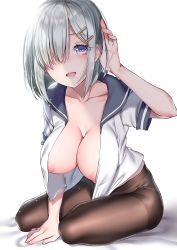 Rule 34 | 1girl, absurdres, areola slip, arm support, blue eyes, blush, breasts, buta tamako, cleavage, collarbone, eyelashes, fingernails, full body, hair ornament, hairclip, hamakaze (kancolle), hand in own hair, hanging breasts, highres, kantai collection, large breasts, looking at viewer, no bra, no pants, open clothes, open mouth, open shirt, pantyhose, school uniform, serafuku, shiny skin, short hair, short sleeves, silver hair, simple background, solo, sparkle, thighband pantyhose, tongue, white background