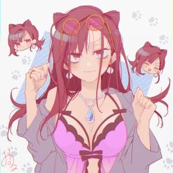 Rule 34 | 1girl, blue gemstone, blush, breasts, cleavage, closed mouth, earrings, eyewear on head, gem, grey shirt, highres, jewelry, kao ru05, kashiki yuno, lingerie, looking at viewer, medium breasts, milgram, necklace, open clothes, open shirt, paw print, pearl necklace, purple shirt, red eyes, red hair, shirt, smile, solo, underwear