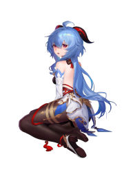 Rule 34 | 1girl, ahoge, back, backless outfit, bare back, bare shoulders, black legwear, blue hair, blush, breasts, detached sleeves, from behind, full body, ganyu (genshin impact), genshin impact, gold trim, high heels, highres, horns, li valentino, long hair, looking at viewer, looking back, low ponytail, medium breasts, parted lips, purple eyes, sidelocks, simple background, sitting, solo, tassel, thighlet, thighs, waist cape, white background, white sleeves, yokozuwari