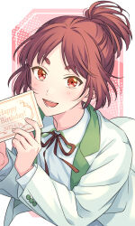 Rule 34 | 1boy, blush, border, bow, bowtie, card, collared shirt, commentary request, dated, green jacket, happy birthday, highres, holding, holding card, jacket, leaning forward, looking at viewer, male focus, on air!, onoya azuki, open mouth, red background, red bow, red bowtie, red eyes, red hair, sekina, shirt, short ponytail, simple background, smile, solo, upper body, white shirt