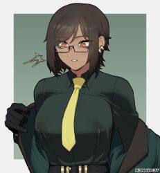 Rule 34 | 1girl, belt, black gloves, blush, brown eyes, brown hair, clock, collared shirt, commentary, dark-skinned female, dark skin, earrings, glasses, gloves, green background, highres, jacket, jewelry, k3nnyn3v, lactation, lactation through clothes, limbus company, long sleeves, necktie, open mouth, outis (project moon), project moon, shirt, short hair, simple background, solo, symbol-only commentary, undressing, white background, yellow necktie