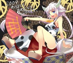 Rule 34 | 00s, 1girl, 2009, animal ears, animal print, china dress, chinese clothes, cow ears, cow print, dress, hand fan, horns, new year, panties, rice bowl, sandals, solo, tatsukichi, underwear, white hair
