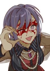 Rule 34 | 1girl, :3, bang dream!, bang dream! it&#039;s mygo!!!!!, bead necklace, beads, black vest, blood, blood on face, commentary, half-heart hands, highres, jewelry, looking at viewer, necklace, one eye closed, open mouth, purple brooch, purple eyes, purple hair, see-through, see-through sleeves, short hair, simple background, solo, upper body, vest, white background, yui k (yuik48074789)