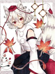 Rule 34 | 1girl, animal ear fluff, animal ears, autumn leaves, blush, closed mouth, commentary, detached sleeves, fox mask, grey hair, hair between eyes, hat, highres, inubashiri momiji, long sleeves, looking at viewer, mask, miyabiii oekaki, pom pom (clothes), red eyes, short hair, skirt, solo, tail, tokin hat, touhou, wolf ears, wolf tail