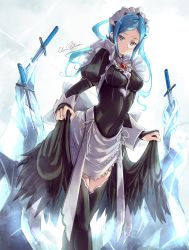 Rule 34 | 1girl, absurdres, artist name, black dress, black thighhighs, blue eyes, blue hair, bridal gauntlets, clear glass (mildmild1311), dagger, dress, fire emblem, fire emblem fates, flora (fire emblem), frills, frozen, highres, ice, impossible clothes, impossible dress, knife, long sleeves, looking at viewer, looking down, maid, maid headdress, nintendo, signature, skin tight, skirt hold, solo, thighhighs, two side up, weapon