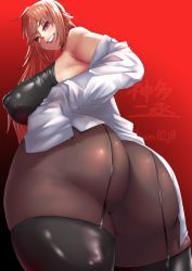 Rule 34 | 1girl, ass, bare shoulders, blush, breasts, coat, covered erect nipples, curvy, from behind, from below, garter straps, grin, huge ass, huge breasts, kandata nijou, long hair, looking at viewer, looking down, original, pantyhose, plump, red eyes, red hair, shiny clothes, shiny skin, sideboob, smile, solo, thick thighs, thighhighs, thighs, very long hair, wide hips
