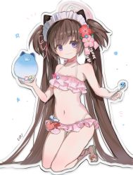 Rule 34 | 10 04ten, absurdres, blue archive, breasts, cleavage, collarbone, commentary, flower, food, hair flower, hair ornament, halo, highres, long hair, looking at viewer, navel, purple eyes, sandals, shaved ice, shizuko (blue archive), shizuko (swimsuit) (blue archive), simple background, small breasts, smile, symbol-only commentary, twintails, white background