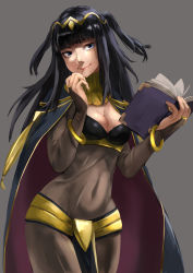 Rule 34 | 1girl, black bodysuit, black hair, blue eyes, blunt bangs, bodysuit, book, breasts, bridal gauntlets, cape, cleavage, cleavage cutout, closed mouth, clothing cutout, covered navel, cowboy shot, fire emblem, fire emblem awakening, highres, long hair, looking at viewer, medium breasts, nintendo, open book, pelvic curtain, smile, solo, tharja (fire emblem), tiara, two side up, yasaidon