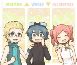 Rule 34 | digimon, digimon world re:digitize, glasses, hair ornament, hairpin, nicolai petrov, open mouth, pink eyes, pink hair, rindou akiho, short hair, taiga (digimon), twintails, v