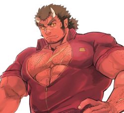 Rule 34 | 1boy, abs, alternate costume, arm hair, bara, broken horn, chest hair, colored sclera, colored skin, cowboy shot, facial hair, fang, hairy, harada (basashi), horns, jacket, large pectorals, long sideburns, looking at viewer, male focus, mature male, muscular, muscular male, oni horns, open clothes, open jacket, orgus (f-kare), orgus (f-kare), pectoral cleavage, pectorals, pointy ears, red jacket, red oni (housamo), red skin, scar, scar on chest, short hair, shoukan yuusha to f-kei kareshi, sideburns, slit pupils, solo, stubble, thick eyebrows, tokyo houkago summoners, track jacket, upper body, yellow sclera