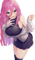 Rule 34 | 1girl, absurdres, akizone, bare shoulders, bent over, black skirt, black sweater, black thighhighs, blush, braid, breasts, cowboy shot, eyelashes, finger to mouth, green eyes, grey jacket, hair between eyes, heart, highres, jacket, large breasts, long hair, long sleeves, looking at viewer, miniskirt, off shoulder, original, parted lips, pink hair, pleated skirt, sideboob, simple background, skirt, sleeveless, sleeveless sweater, sleeveless turtleneck, smile, solo, standing, sweater, teeth, thighhighs, thighs, turtleneck, white background, zettai ryouiki