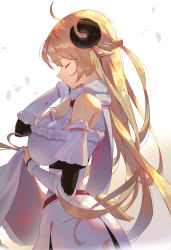 Rule 34 | 1girl, absurdres, animal ears, bare shoulders, blonde hair, braid, breasts, closed eyes, closed mouth, commentary request, curled horns, detached sleeves, dress, from side, fur-trimmed sleeves, fur trim, gradient background, grey background, highres, holding, hololive, horns, large breasts, long hair, petals, profile, scottie (phantom2), sheep ears, sheep horns, smile, solo, strapless, strapless dress, tsunomaki watame, tsunomaki watame (1st costume), very long hair, virtual youtuber, white background, white dress, white sleeves