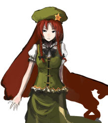 Rule 34 | 1girl, beret, blue eyes, blush, braid, buttons, china dress, chinese clothes, closed mouth, cowboy shot, dress, embodiment of scarlet devil, expressionless, female focus, frills, hat, hong meiling, kasa (hitori sanka), long hair, looking at viewer, puffy short sleeves, puffy sleeves, red hair, short sleeves, simple background, solo, standing, star (symbol), touhou, twin braids, very long hair, white background