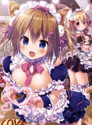 Rule 34 | 2girls, :/, :d, absurdres, ahoge, animal ears, bare shoulders, blue eyes, blush, breasts, brown eyes, brown hair, cat ears, cat tail, choker, cleavage, cup, detached sleeves, english text, fang, fish hair ornament, food, frilled choker, frilled legwear, frills, hair ornament, heart, highres, indoors, kino (kino konomi), leaning forward, maid headdress, multiple girls, neck ribbon, omelet, omurice, open mouth, original, parfait, pink ribbon, rabbit ears, ribbon, ribbon-trimmed clothes, ribbon trim, saucer, scan, smile, tail, teacup, thighhighs, tray, white legwear, wooden floor, wrist cuffs, x hair ornament