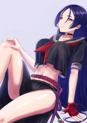 Rule 34 | 1girl, absurdres, bare arms, bare legs, black serafuku, blouse, bow, bowtie, breasts, fate/grand order, fate (series), fingerless gloves, gloves, highres, jewelry, kamo ashi, large breasts, long hair, looking at viewer, minamoto no raikou (fate), minamoto no raikou (fate/grand order), minamoto no raikou (swimsuit lancer) (fate), minamoto no raikou (swimsuit lancer) (second ascension) (fate), necklace, purple background, purple eyes, purple hair, school uniform, serafuku, shirt, simple background, single glove, sitting, skirt, smile, solo, swimsuit