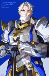 Rule 34 | 1boy, armor, bear, blue eyes, facial hair, fire emblem, fire emblem engage, gloves, highres, knight, long sleeves, looking at viewer, mika pikazo, mustache, nintendo, official art, old, old man, parted bangs, short hair, shoulder armor, vander (fire emblem), weapon, white hair, wrinkled skin