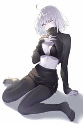 Rule 34 | 1girl, ahoge, alternate costume, armpits, black bra, blush, bra, breasts, cleavage, clothes lift, fate/grand order, fate (series), highres, jeanne d&#039;arc (fate), jeanne d&#039;arc alter (avenger) (fate), jeanne d&#039;arc alter (fate), lace, lace-trimmed bra, lace trim, medium breasts, navel, nipi27, pale skin, pantyhose, self exposure, short hair, sitting, solo, sweater, sweater lift, turtleneck, turtleneck sweater, underwear, wariza, white background, white hair, yellow eyes
