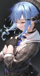Rule 34 | 1girl, black choker, black gloves, blue hair, choker, collared shirt, commentary request, gloves, grey headwear, hair between eyes, hair ribbon, hands on own chest, highres, hololive, hoshimachi suisei, hoshimachi suisei (1st costume), jacket, jewelry, kinoruru toiro, looking down, necklace, partially fingerless gloves, plaid, plaid headwear, plaid jacket, ribbon, shirt, sidelocks, virtual youtuber