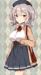 Rule 34 | 10s, 1girl, argyle, argyle background, argyle clothes, bag, blush, breasts, character name, heart, ichihaya, kantai collection, kashima (kancolle), large breasts, long sleeves, looking at viewer, meme attire, shoulder bag, silver hair, smile, solo, twintails, virgin killer outfit