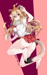 Rule 34 | 1girl, ahoge, alternate hairstyle, animal ears, arm up, ass, bare arms, bare legs, barefoot, blonde hair, breast pocket, dated, full body, fur collar, grey eyes, hair between eyes, highres, impossible clothes, impossible shirt, kemono friends, lion (kemono friends), lion ears, lion tail, long hair, looking at viewer, microskirt, nanana (nanana iz), necktie, no panties, open mouth, plaid, plaid necktie, plaid neckwear, plaid skirt, plaid sleeves, pleated skirt, pocket, shirt, short sleeves, skirt, soles, solo, tail, toes, twisted torso, very long hair, white shirt