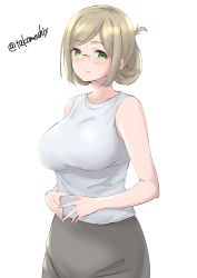 Rule 34 | 1girl, alternate costume, brown hair, cowboy shot, fingers together, folded ponytail, glasses, green eyes, grey skirt, highres, kantai collection, katori (kancolle), long hair, looking at viewer, one-hour drawing challenge, parted bangs, pencil skirt, skirt, sleeveless, solo, takomeshi, tank top, twitter username, white tank top