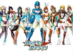 Rule 34 | 6+girls, android, arm cannon, artist request, ass, bare shoulders, blonde hair, blue hair, bodysuit, bomb man, boots, breasts, brown hair, capcom, center opening, cleavage, cleavage cutout, clothing cutout, copyright name, cut man, cyborg, elbow gloves, elec man, fire man, genderswap, genderswap (mtf), gloves, guts man, hair over one eye, hairpods, hat over one eye, helmet, hood, ice man, imageboard desourced, knee boots, large breasts, leotard, logo, long hair, looking at viewer, mask, mechanical arms, medium breasts, mega man: powered up, mega man (character), mega man (classic), mega man (series), multiple girls, navel, non-web source, oil man, one eye covered, red hair, robot ears, scarf, short hair, shoulder pads, single mechanical arm, standing, thigh boots, thighhighs, thong, time man, underboob, weapon