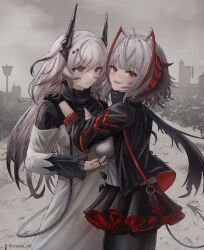 Rule 34 | 2girls, absurdres, arknights, black gloves, black jacket, black pantyhose, black skirt, breasts, building, commentary request, cranes (hiroro1), dress, from side, gloves, grey hair, hair between eyes, hair ornament, hairclip, hand on another&#039;s shoulder, highres, horns, jacket, long hair, long sleeves, medium breasts, multiple girls, open clothes, open jacket, outdoors, overcast, pantyhose, parted lips, pleated skirt, red eyes, shirt, skirt, sky, sleeves past wrists, smile, standing, tail, theresa (arknights), very long hair, w (arknights), white dress, white shirt, yuri