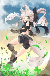 Rule 34 | 1girl, :3, puff of air, absurdres, animal ears, ass, back, bad id, bad pixiv id, belt, bike shorts, blue sky, boots, bow, brown eyes, cloud, clover, crop top, day, detached sleeves, fang, four-leaf clover, fox ears, fox tail, gloves, hair bow, hair ribbon, highres, long hair, long sleeves, looking at viewer, midriff, ootsuki momiji, open mouth, original, ponytail, ribbon, silver hair, sky, solo, tail, thighs, | |