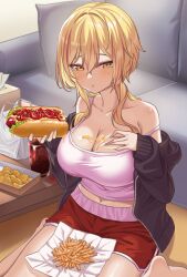 Rule 34 | 1girl, absurdres, alternate breast size, bare shoulders, blonde hair, bread, breasts, camisole, cleavage, collarbone, couch, custard, food, genshin impact, highres, holding, holding food, hot dog, ketchup, large breasts, lumine (genshin impact), navel, o-los, parted lips, sandwich, shirt, shorts, sitting, soda, solo, sweater, wariza, yellow eyes