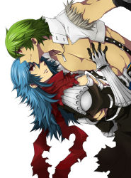 Rule 34 | 2boys, armor, assassin cross (ragnarok online), black cape, black gloves, black shirt, blue hair, blue pants, cape, closed mouth, commentary request, crop top, dutch angle, eremes guile, gauntlets, gloves, green hair, hair between eyes, hand on another&#039;s chest, howard alt-eisen, long hair, looking at viewer, looking to the side, multiple boys, open clothes, open shirt, pants, pauldrons, ragnarok online, red eyes, red scarf, scarf, shirt, short hair, shoulder armor, simple background, smile, sptbird, suspenders, torn cape, torn clothes, torn scarf, torn shirt, upper body, waist cape, white background, white shirt, whitesmith (ragnarok online), yaoi