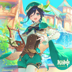 Rule 34 | 1boy, absurdres, androgynous, bard, beret, black hair, braid, cape, commentary request, copyright name, dsmile, flower, genshin impact, gradient hair, green eyes, green hat, hair ornament, hat, highres, logo, long sleeves, male focus, multicolored hair, official art, one eye closed, open mouth, outdoors, shirt, short hair with long locks, smile, solo, teeth, twin braids, upper teeth only, venti (genshin impact), vision (genshin impact), white flower, white sleeves