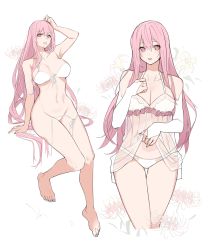 Rule 34 | 1girl, absurdres, arm up, arms up, babydoll, bare shoulders, barefoot, bennopi, blush, breasts, bridal gauntlets, collarbone, eyes visible through hair, floral print, flower, grey nails, hair between eyes, highres, hololive, hololive english, large breasts, lily print, long hair, mori calliope, mouth hold, nail polish, navel, panties, pink eyes, pink flower, pink rose, red flower, rose, see-through, simple background, solo, spider lily, spider lily print, teeth, toenails, underwear, very long hair, virtual youtuber, white background, white flower, white panties