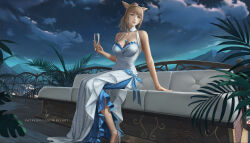 Rule 34 | 1girl, animal ears, artist name, warrior of light (ff14), bare shoulders, bracelet, breasts, cat ears, champagne flute, cleavage, cloud, cloudy sky, commentary, commission, couch, cup, dress, drinking glass, english commentary, final fantasy, final fantasy xiv, glint, green eyes, high heels, highres, holding, holding cup, jewelry, long hair, medium breasts, miqo&#039;te, mountainous horizon, nibelart, night, night sky, on couch, outdoors, plant, ponytail, shadow, sitting, sky, smile, solo, star (sky), white dress