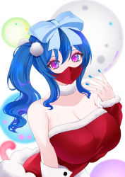 Rule 34 | 1girl, arm up, azur lane, bare shoulders, blue bow, blue hair, blue nails, blush, bow, breasts, christmas, cleavage, dress, hair between eyes, hair bow, hair ornament, hairclip, large breasts, long hair, looking at viewer, mask, nail polish, purple eyes, red dress, red mask, santa costume, santa dress, side ponytail, simple background, solo, st. louis (azur lane), toki to shishin, upper body