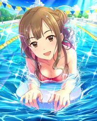 Rule 34 | 10s, 1girl, :d, afloat, blunt bangs, blush, breasts, brown eyes, brown hair, building, bunting, caustics, cleavage, cloud, collarbone, competition swimsuit, day, downblouse, flag, foreshortening, hair bun, happy, head tilt, hexagon, holding, idolmaster, idolmaster cinderella girls, in water, jpeg artifacts, kickboard, lane line, lens flare, light rays, looking at viewer, lying, matching hair/eyes, medium breasts, mizumoto yukari, official art, on stomach, one-piece swimsuit, open mouth, outdoors, parted bangs, partially submerged, pennant, pool, red one-piece swimsuit, sidelocks, single hair bun, sky, smile, solo, sparkle, splashing, string of flags, sunbeam, sunlight, swimming, swimsuit, tree, water, wavy hair, wet, wet hair