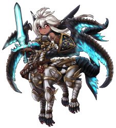 Rule 34 | 1girl, armor, belt, brown gloves, centauroid, chibi, dark skin, dark-skinned female, gloves, granblue fantasy, highres, holding, holding sword, holding weapon, long hair, looking at viewer, monsterification, red eyes, shield, silver hair, solo, standing, sword, takoyakin, taur, weapon, zooey (granblue fantasy)