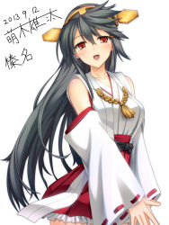 Rule 34 | 10s, 1girl, 2013, :d, bare shoulders, black hair, blush, breasts, dated, detached sleeves, eyebrows, hair between eyes, hairband, haruna (kancolle), highres, japanese clothes, kantai collection, long hair, looking at viewer, medium breasts, moeki yuuta, open mouth, own hands together, personification, red eyes, ribbon-trimmed sleeves, ribbon trim, simple background, skirt, smile, solo, upper body, v arms, white background, wide sleeves, yujin-yujin