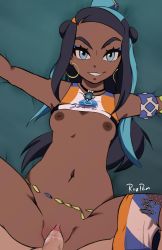 Rule 34 | 1girl, :d, bikini, blue eyes, blue hair, bra, bra lift, breasts, clitoris, clothes pull, creatures (company), dark nipples, dark skin, game freak, gym leader, hetero, highres, looking at viewer, lying, missionary, naughty face, navel, nessa (pokemon), nintendo, nipples, on back, open mouth, penis, pokemon, pokemon swsh, pussy, pussy juice, razpan, sex, shorts, shorts around one leg, shorts pull, small breasts, smile, solo, spread legs, swimsuit, tankini, uncensored, underwear, vaginal