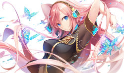 Rule 34 | 1girl, :o, armpits, arms behind head, arms up, blue eyes, breasts, bug, butterfly, cuff links, female focus, head tilt, headphones, headset, bug, large breasts, long hair, looking at viewer, maro (nikeneko523), megurine luka, open mouth, pink hair, shirt, short sleeves, solo, turtleneck, turtleneck shirt, upper body, very long hair, vocaloid
