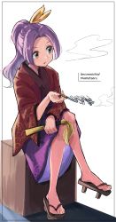 Rule 34 | 1girl, 5alive, bad feet, folded fan, commentary request, copyright name, folding fan, full body, geta, hand fan, highres, holding, holding fan, holding smoking pipe, japanese clothes, kimono, kiseru, komakusa sannyo, crossed legs, long hair, looking to the side, smoking pipe, ponytail, purple hair, red eyes, red kimono, simple background, sitting, smoke, solo, touhou, unconnected marketeers, white background