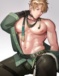 Rule 34 | 1boy, abs, bara, bare pectorals, black choker, black pants, blonde hair, choker, closed mouth, green jacket, grey background, highres, jacket, large pectorals, male focus, muscular, muscular male, navel, necktie, nipples, nu carnival, obtish4ld, open clothes, open jacket, pants, pectorals, quincy (nu carnival), short hair, simple background, sitting, solo