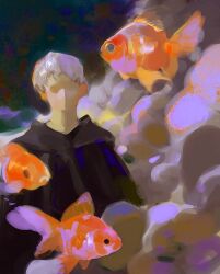 Rule 34 | 1boy, animal, black background, black hoodie, black shirt, cloud, faceless, faceless male, faux traditional media, fish, goldfish, grey hair, hallucination, hood, hood down, hoodie, long sleeves, male focus, open mouth, original, oversized animal, psychedelic, shirt, short hair, sketch, smile, solo, surreal, upper body, white hair, yuming li