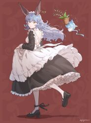 Rule 34 | 1girl, alternate costume, animal ears, ankle ribbon, apron, backless dress, backless outfit, black dress, black footwear, black ribbon, blue hair, bow, brown background, commentary, dress, earrings, enmaided, erune, ferry (granblue fantasy), floating hair, flower, flower pot, flying sweatdrops, frilled dress, frills, granblue fantasy, highres, holding, holding clothes, holding flower pot, hoop earrings, jewelry, leg ribbon, lily of the valley, long hair, maid, maid apron, maid headdress, nicola (granblue fantasy), pantyhose, parted lips, ribbon, standing, standing on one leg, twitter username, walking, wavy hair, white bow, white pantyhose, yirga