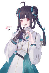 Rule 34 | 1girl, 2023, ahoge, alternate costume, animal hair ornament, black hair, blue ribbon, blue skirt, blunt bangs, braid, chinese clothes, chinese commentary, commentary, double bun, hair bun, hair ribbon, hair rings, hands up, heart, heart hands, joints, karin (2290463757), long hair, long sleeves, looking at viewer, mechanical arms, mole, mole under eye, open mouth, pulao (punishing: gray raven), punishing: gray raven, red eyes, ribbon, robot joints, shirt, simple background, single mechanical arm, skirt, smile, solo, tassel, twin braids, upper body, white background, white shirt