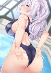 Rule 34 | 1girl, ass, black one-piece swimsuit, blue eyes, breasts, competition swimsuit, cowboy shot, dura, dutch angle, from behind, highres, huge ass, indoors, large breasts, looking at viewer, looking back, one-piece swimsuit, original, ponytail, pool, rei no pool, silver hair, solo, swimsuit, wet, wet clothes, wet swimsuit