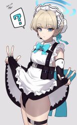 Rule 34 | 1girl, ?, absurdres, apron, black dress, black leotard, blonde hair, blue archive, blue eyes, bow, bowtie, breasts, bun cover, chest harness, closed mouth, clothes lift, cowboy shot, dated, double w, dress, dress lift, earpiece, elbow gloves, expressionless, fingerless gloves, flat chest, gashitani, gloves, grey background, hair bun, halo, harness, highres, leotard, looking at viewer, maid apron, maid headdress, microphone, pouch, short hair, signature, simple background, sleeveless, sleeveless dress, small breasts, solo, spoken question mark, standing, thigh strap, toki (blue archive), w