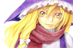 Rule 34 | 1girl, bad id, bad pixiv id, blonde hair, close-up, female focus, hat, kirisame marisa, perfect cherry blossom, red scarf, ribbon, scarf, solo, takt., touhou, traditional media, watercolor pencil (medium), witch, witch hat, yellow eyes