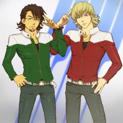 Rule 34 | 10s, 2boys, bad id, bad pixiv id, barnaby brooks jr., barnaby brooks jr (cosplay), belt, bespectacled, blonde hair, brown eyes, brown hair, cosplay, facial hair, glasses, green eyes, green jacket, h-saiga, jacket, jewelry, kaburagi t. kotetsu, multiple boys, necklace, red jacket, ring, salute, stubble, studded belt, tiger &amp; bunny