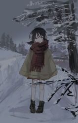 Rule 34 | 1girl, alternate costume, arms at sides, black hair, boots, branch, brown coat, brown eyes, brown footwear, closed mouth, coat, commentary, conifer, earmuffs, full body, gureru (r grey1204), half-closed eyes, head tilt, highres, kaai yuki, kneehighs, looking at viewer, low twintails, nature, outdoors, overcast, path, red scarf, road, scarf, short twintails, sky, sleeves past fingers, sleeves past wrists, smile, snow, snow on tree, socks, solo, standing, tree, twintails, vocaloid, white socks, winter